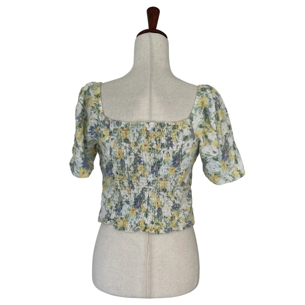 Abercrombie & Fitch Medium Women's Linen-Blend Puff Sleeve Top Yellow Indie Boho
